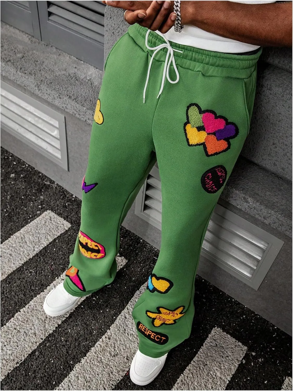 Men's Stacked Sweatpants Y2k Embroidered Drawstring Waist Workout Jogger Pants