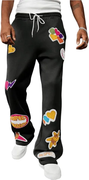 Men's Stacked Sweatpants Y2k Embroidered Drawstring Waist Workout Jogger Pants