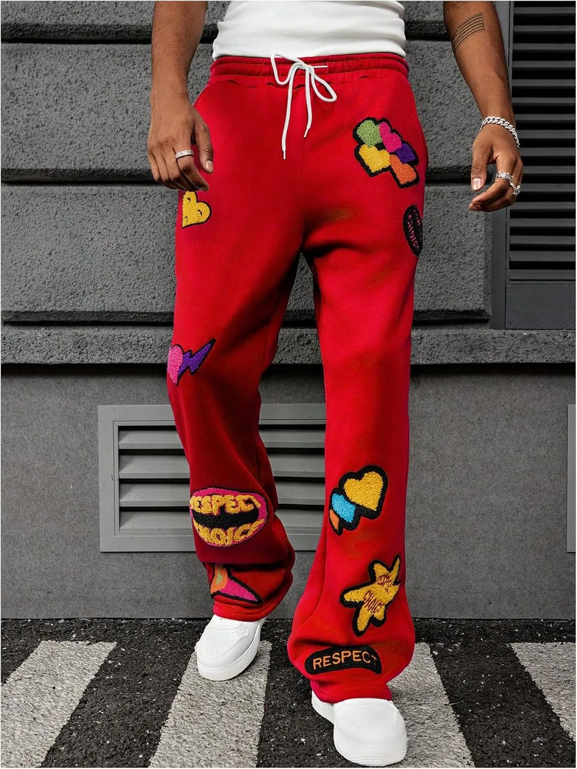 Men's Stacked Sweatpants Y2k Embroidered Drawstring Waist Workout Jogger Pants