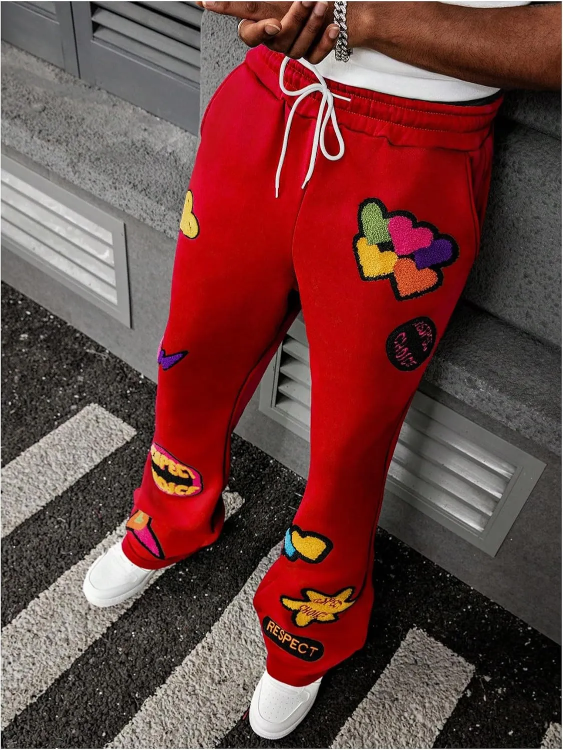 Men's Stacked Sweatpants Y2k Embroidered Drawstring Waist Workout Jogger Pants