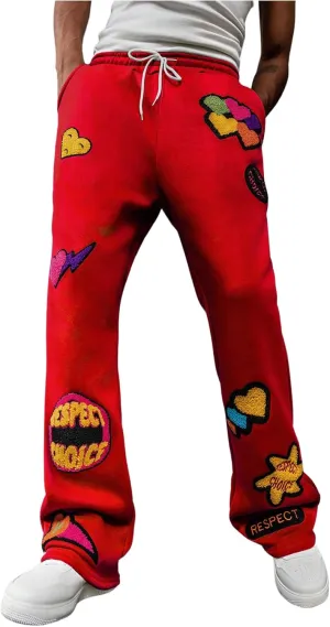 Men's Stacked Sweatpants Y2k Embroidered Drawstring Waist Workout Jogger Pants