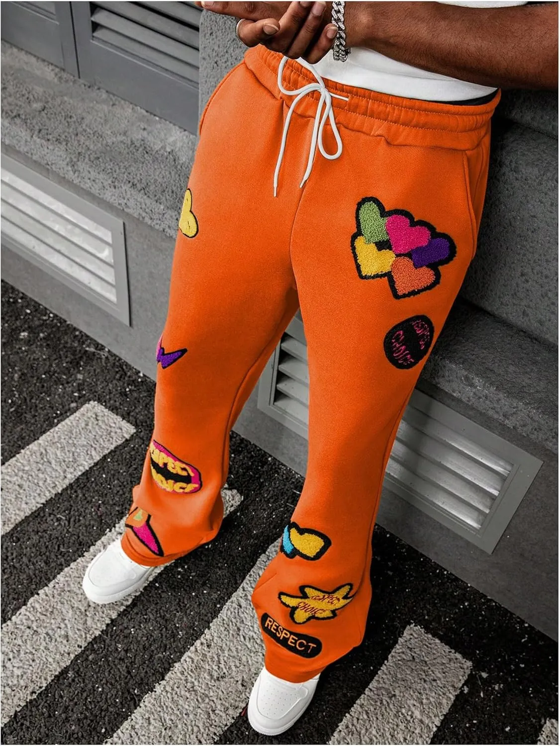 Men's Stacked Sweatpants Y2k Embroidered Drawstring Waist Workout Jogger Pants