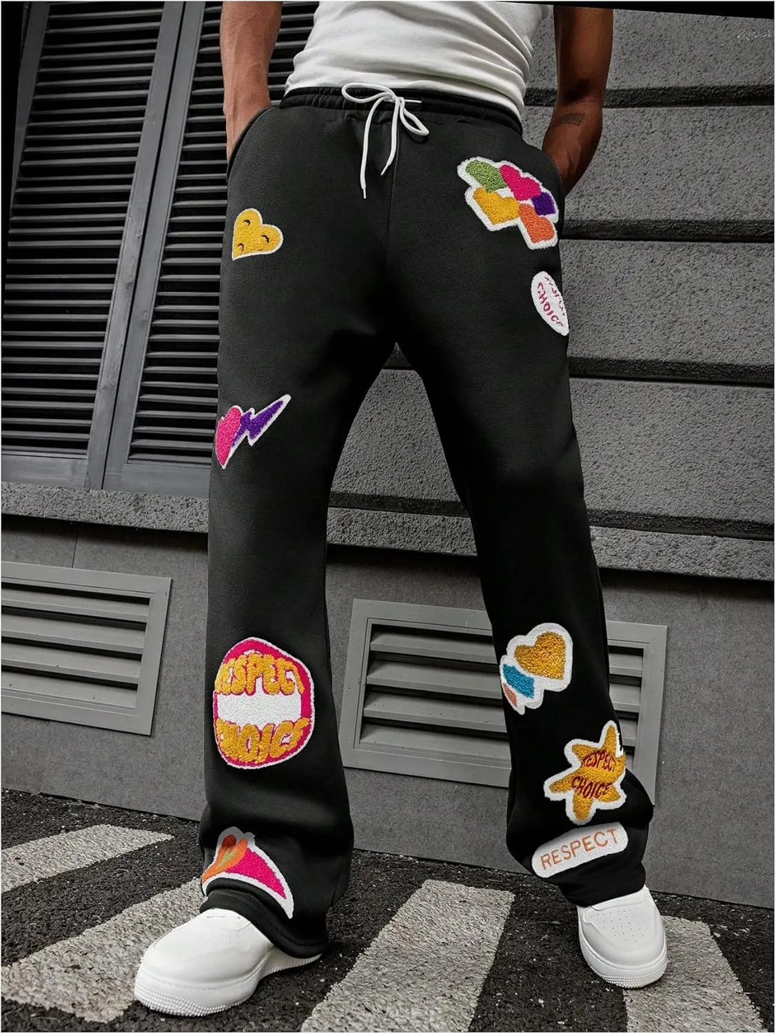 Men's Stacked Sweatpants Y2k Embroidered Drawstring Waist Workout Jogger Pants