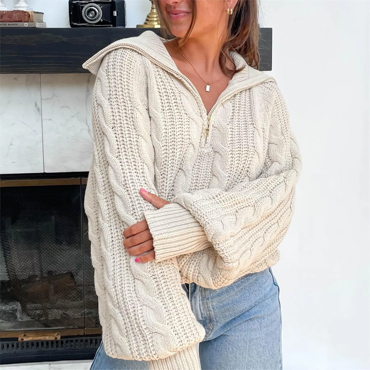 Miqil Women Cable Knit Chunky Sweater Comfy Long Sleeve Quarter Zip Knitted Pullover Fall Winter Trendy Half Zip Knitwear