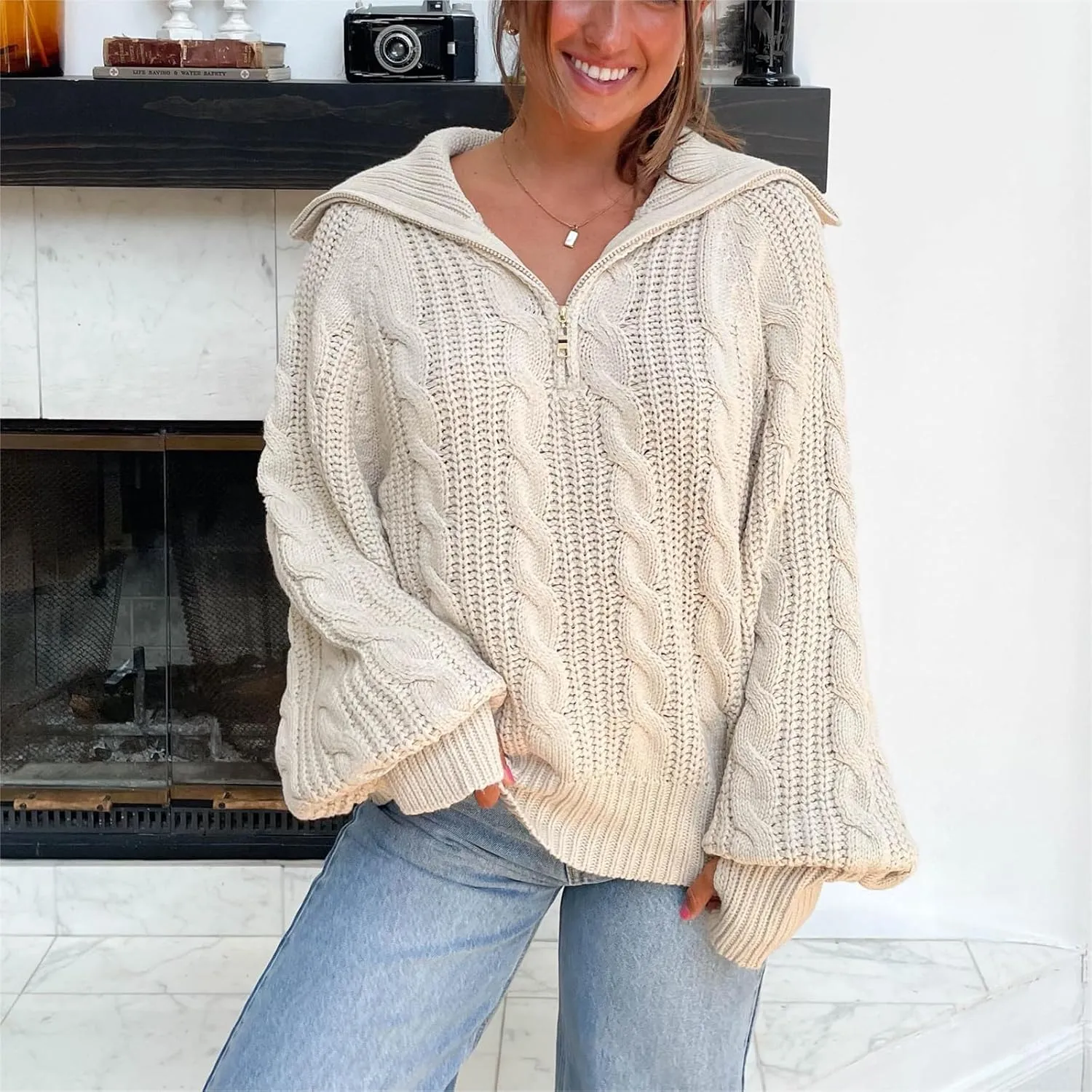 Miqil Women Cable Knit Chunky Sweater Comfy Long Sleeve Quarter Zip Knitted Pullover Fall Winter Trendy Half Zip Knitwear