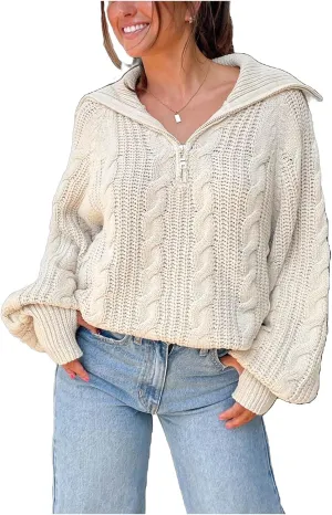 Miqil Women Cable Knit Chunky Sweater Comfy Long Sleeve Quarter Zip Knitted Pullover Fall Winter Trendy Half Zip Knitwear