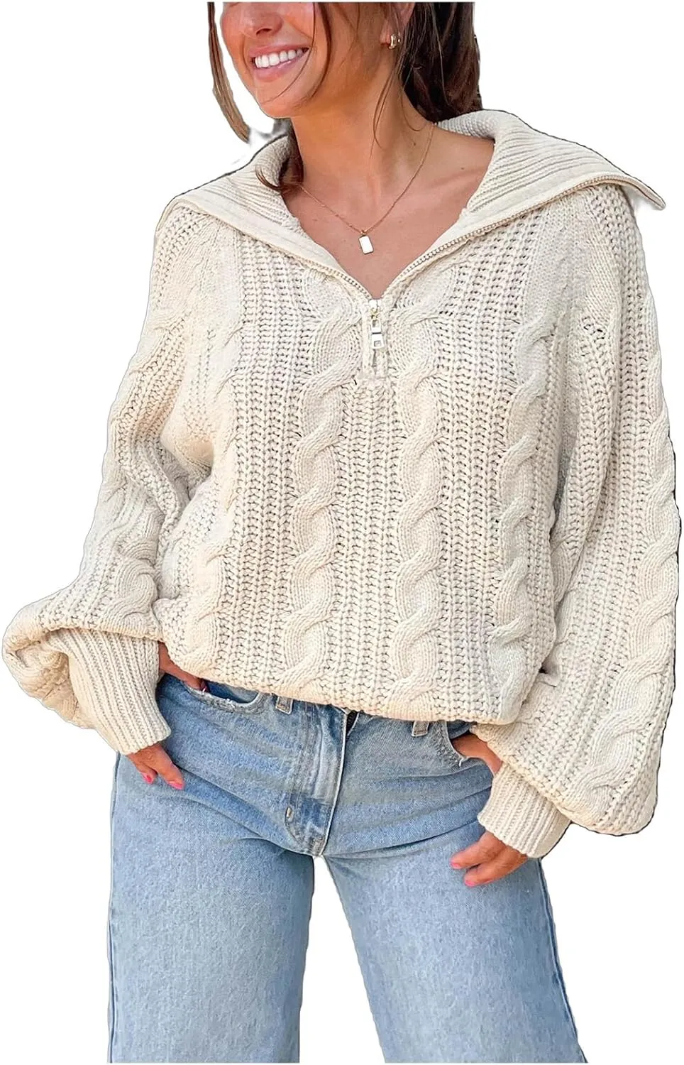Miqil Women Cable Knit Chunky Sweater Comfy Long Sleeve Quarter Zip Knitted Pullover Fall Winter Trendy Half Zip Knitwear