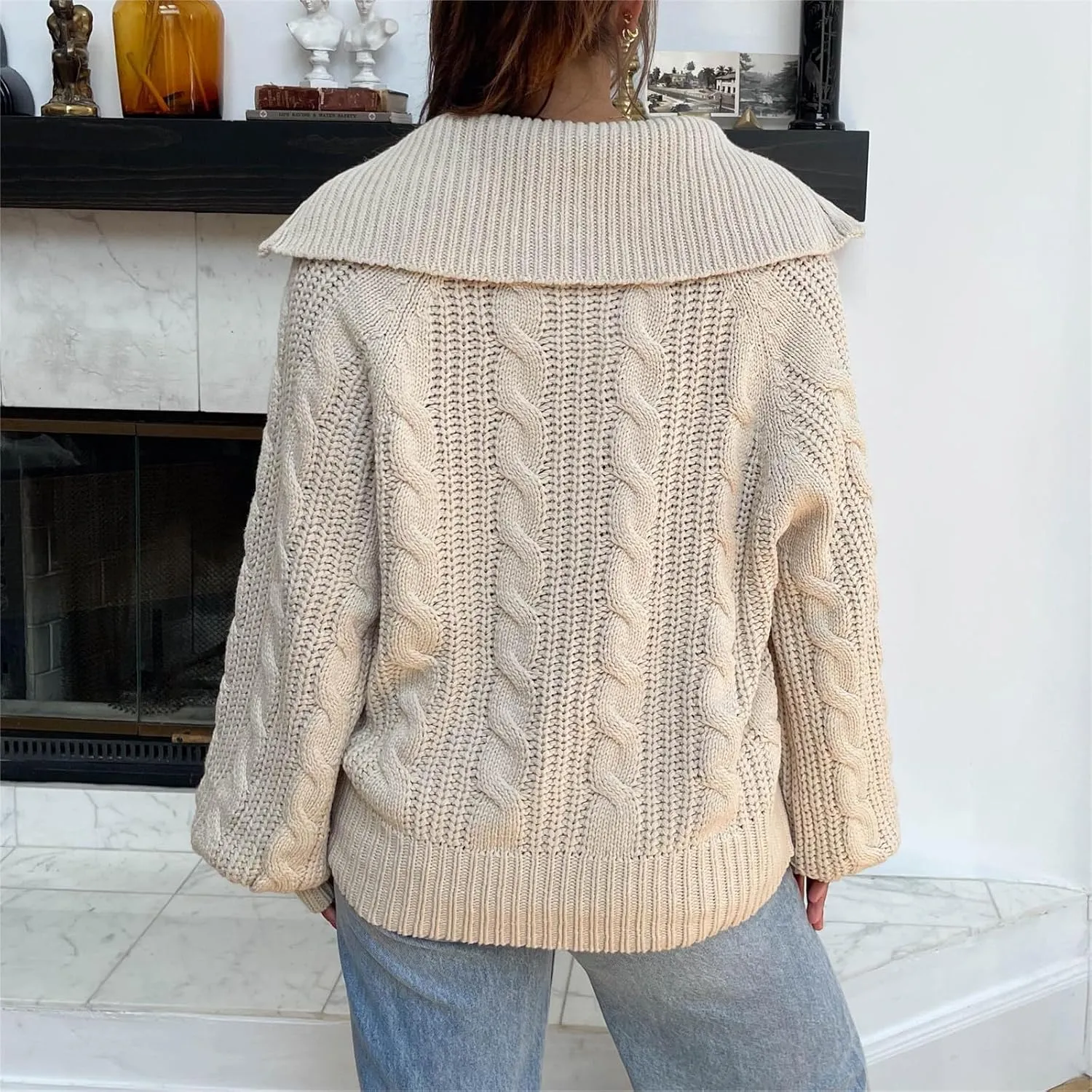 Miqil Women Cable Knit Chunky Sweater Comfy Long Sleeve Quarter Zip Knitted Pullover Fall Winter Trendy Half Zip Knitwear