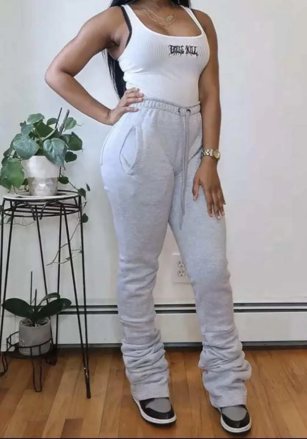 Molisry Women Stacked Sweatpants Fleece Drawstring High Waist Legging Jogger for Fall