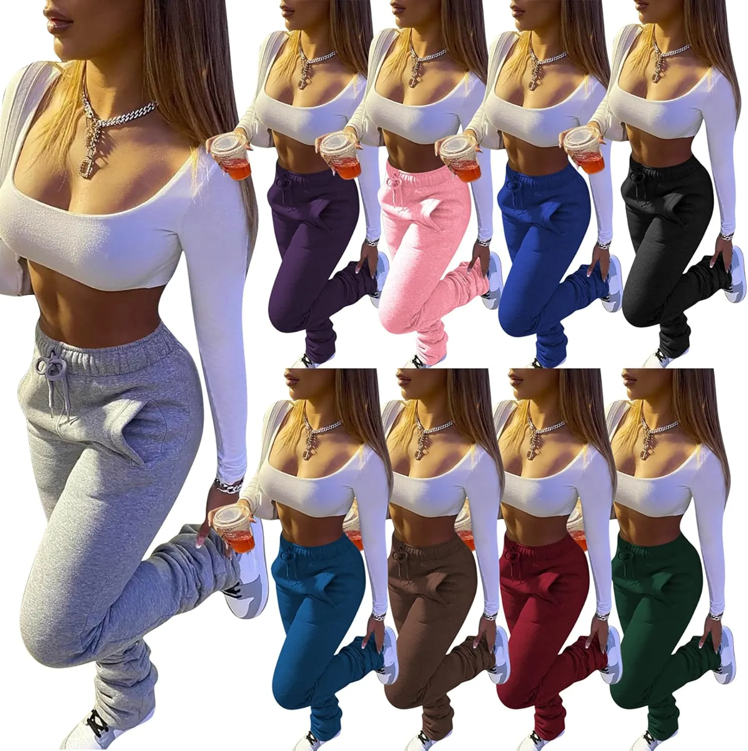 Molisry Women Stacked Sweatpants Fleece Drawstring High Waist Legging Jogger for Fall