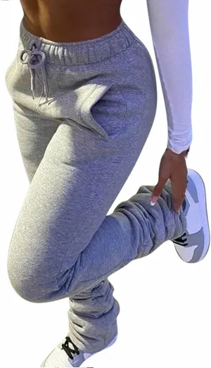 Molisry Women Stacked Sweatpants Fleece Drawstring High Waist Legging Jogger for Fall