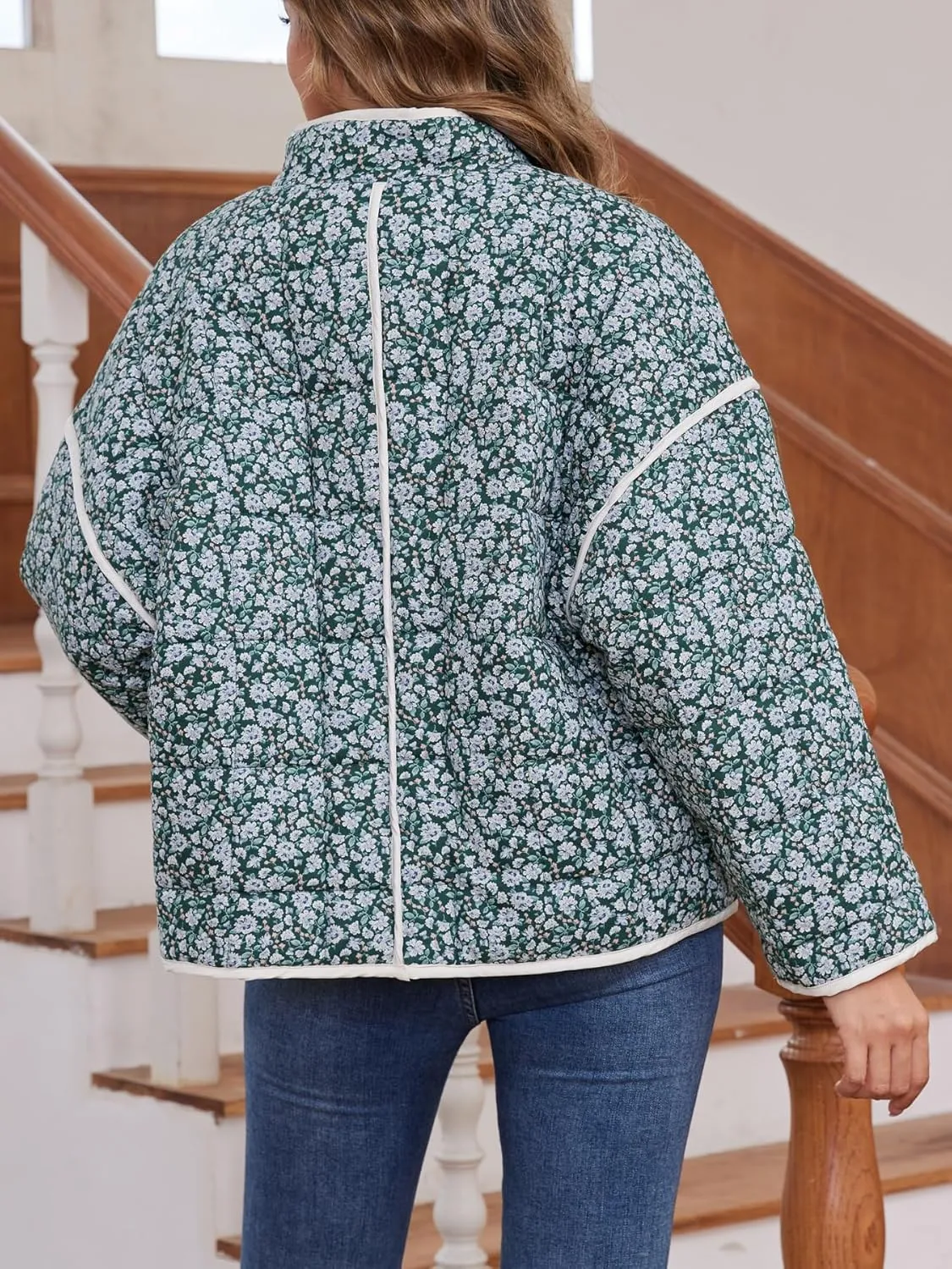 Muchpow Quilted Puffer Jacket for women Floral Printed Lightweight Cropped Button Down Outerwear with Pockets