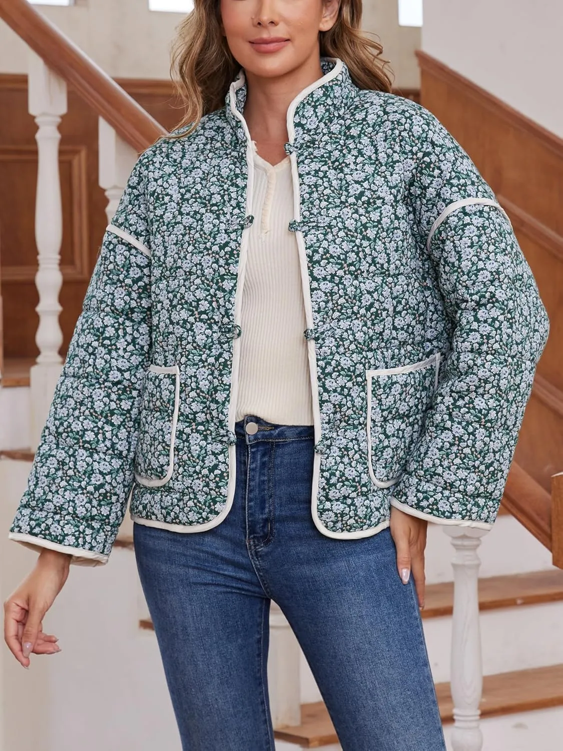 Muchpow Quilted Puffer Jacket for women Floral Printed Lightweight Cropped Button Down Outerwear with Pockets