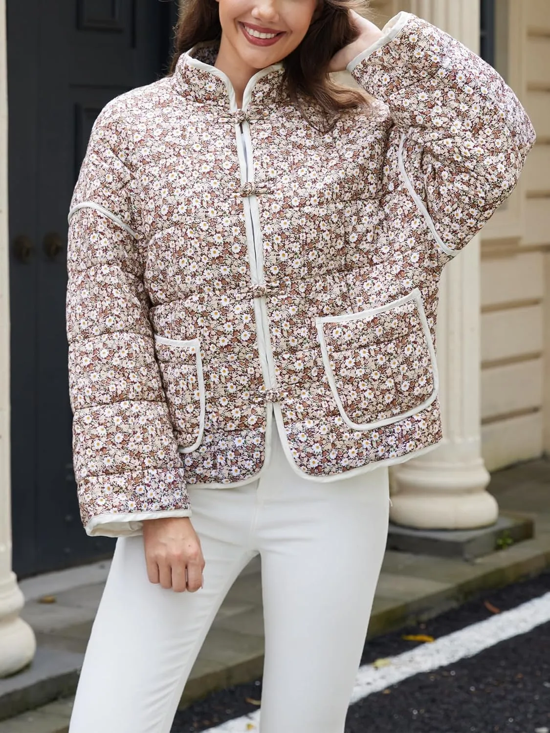 Muchpow Quilted Puffer Jacket for women Floral Printed Lightweight Cropped Button Down Outerwear with Pockets