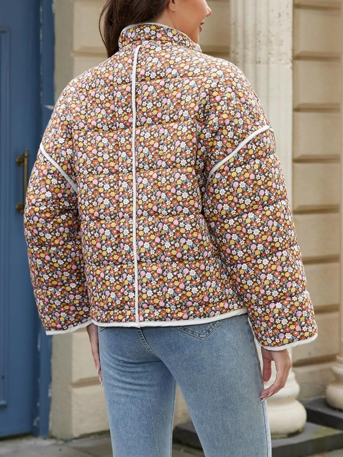 Muchpow Quilted Puffer Jacket for women Floral Printed Lightweight Cropped Button Down Outerwear with Pockets