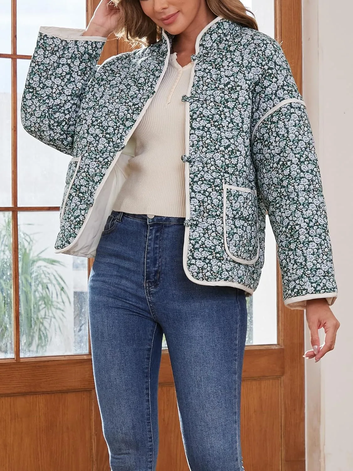 Muchpow Quilted Puffer Jacket for women Floral Printed Lightweight Cropped Button Down Outerwear with Pockets