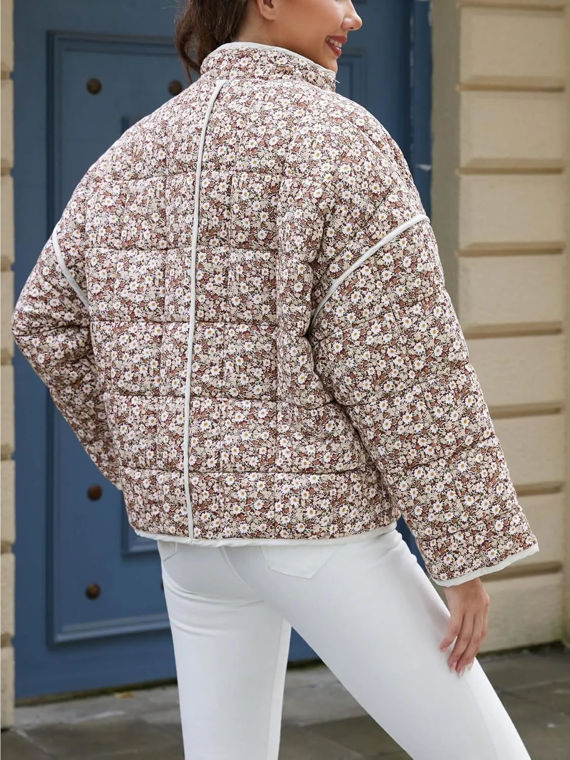 Muchpow Quilted Puffer Jacket for women Floral Printed Lightweight Cropped Button Down Outerwear with Pockets