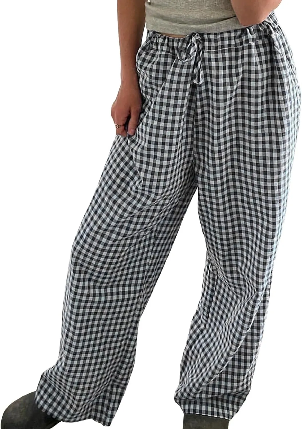 Muineobuka Women Y2k Striped Pajama Pants Wide Leg Stripes Plaid Lounge Pants High Waist Striped Pj Pants Trousers