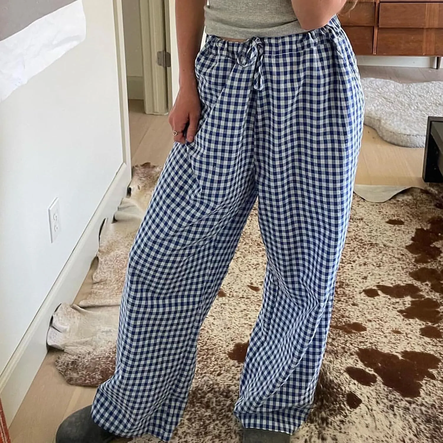Muineobuka Women Y2k Striped Pajama Pants Wide Leg Stripes Plaid Lounge Pants High Waist Striped Pj Pants Trousers