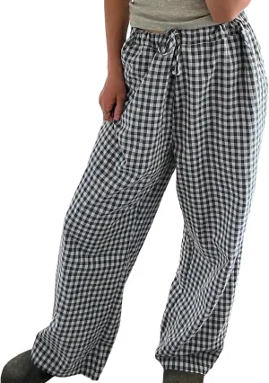 Muineobuka Women Y2k Striped Pajama Pants Wide Leg Stripes Plaid Lounge Pants High Waist Striped Pj Pants Trousers