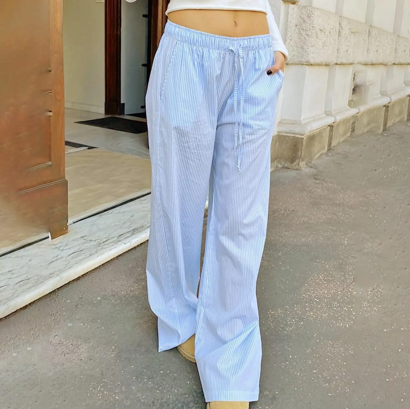 Muineobuka Women Y2k Striped Pajama Pants Wide Leg Stripes Plaid Lounge Pants High Waist Striped Pj Pants Trousers