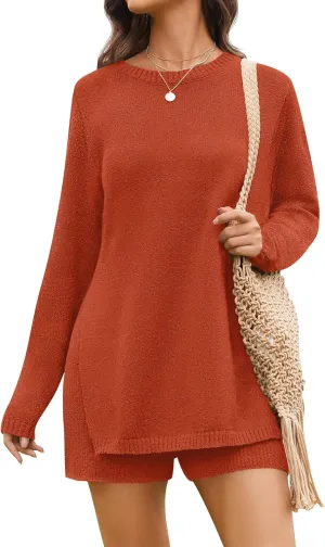 NENONA Women's Spring Summer 2 Piece Outfits Long Sleeve Tunic Sweater & Shorts Knit Lounge Sets Beach Vacation Casual Clothes,Orange,L