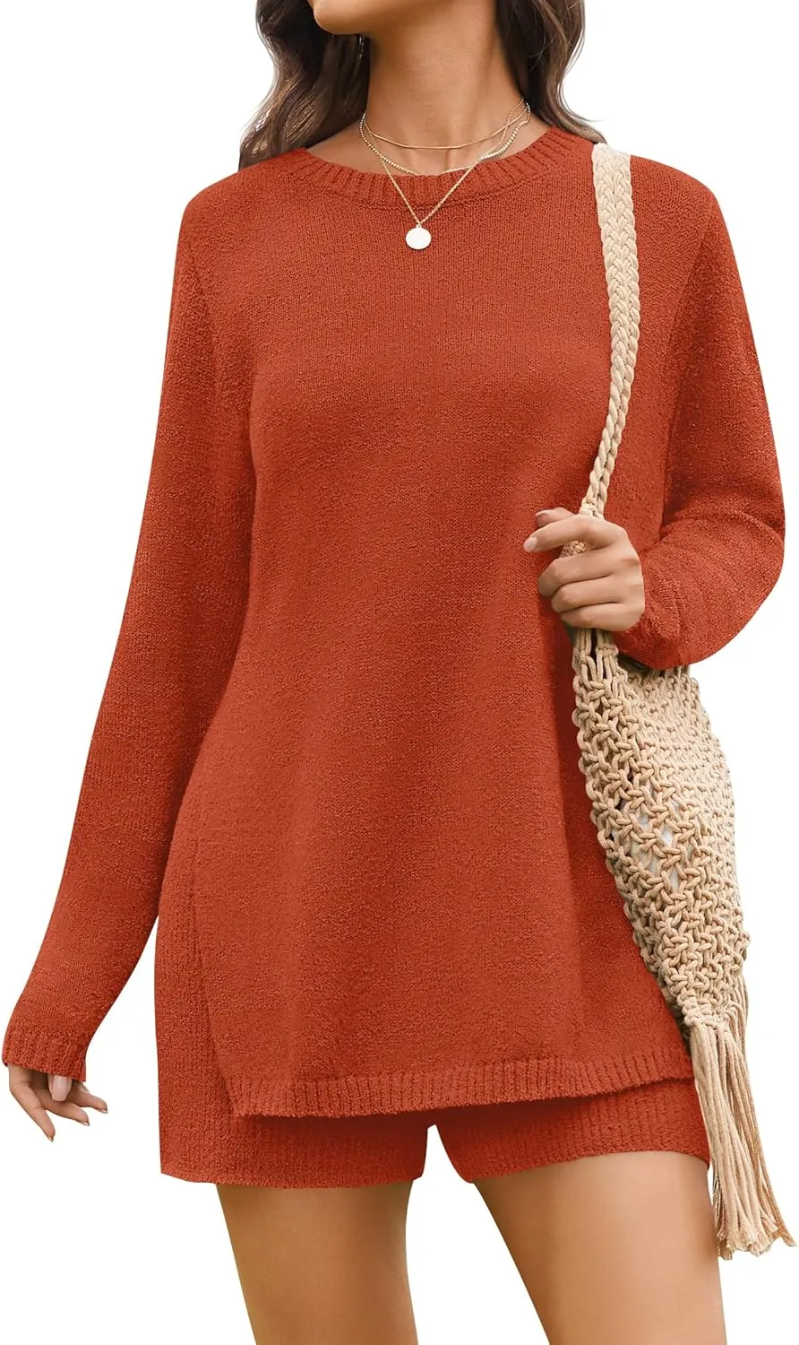NENONA Women's Spring Summer 2 Piece Outfits Long Sleeve Tunic Sweater & Shorts Knit Lounge Sets Beach Vacation Casual Clothes,Orange,L