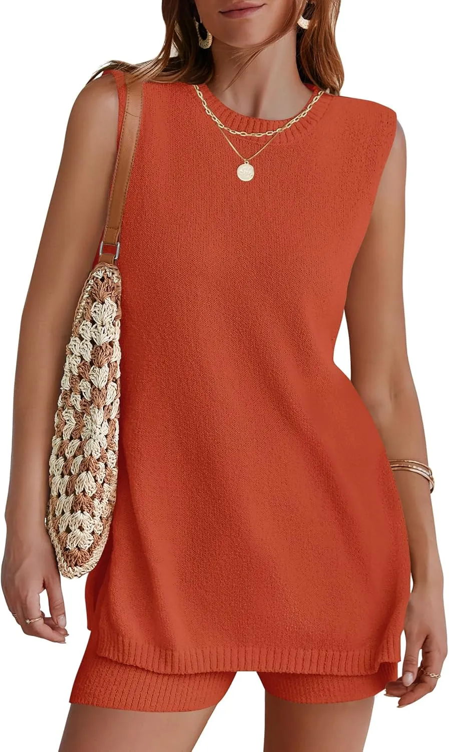 NENONA Women's Summer Sleeveless Sweater Lounge Sets Casual Loose Fit Tunic Tops and Shorts 2 Piece Beach Vacation Outfits