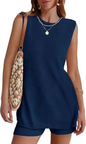 NENONA Women's Summer Sleeveless Sweater Lounge Sets Casual Loose Fit Tunic Tops and Shorts 2 Piece Beach Vacation Outfits