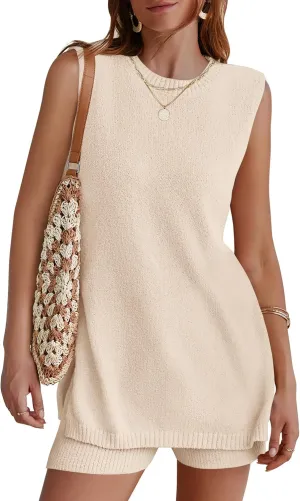 NENONA Women's Summer Sleeveless Sweater Lounge Sets Casual Loose Fit Tunic Tops and Shorts 2 Piece Beach Vacation Outfits