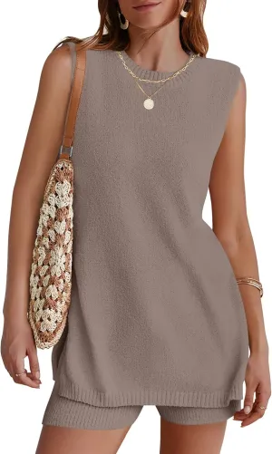 NENONA Women's Summer Sleeveless Sweater Lounge Sets Casual Loose Fit Tunic Tops and Shorts 2 Piece Beach Vacation Outfits