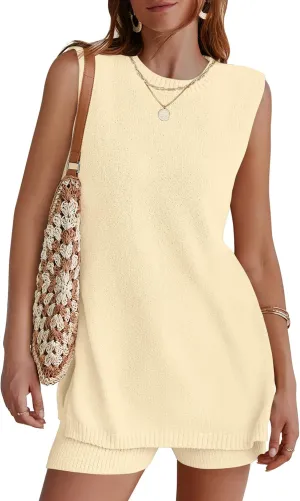 NENONA Women's Summer Sleeveless Sweater Lounge Sets Casual Loose Fit Tunic Tops and Shorts 2 Piece Beach Vacation Outfits