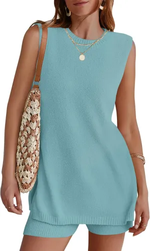 NENONA Women's Summer Sleeveless Sweater Lounge Sets Casual Loose Fit Tunic Tops and Shorts 2 Piece Beach Vacation Outfits