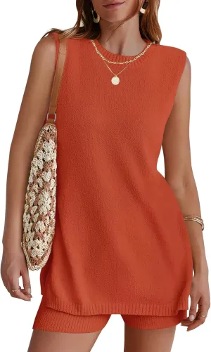 NENONA Women's Summer Sleeveless Sweater Lounge Sets Casual Loose Fit Tunic Tops and Shorts 2 Piece Beach Vacation Outfits