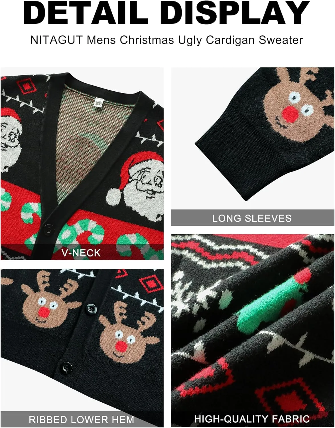 NITAGUT Mens Christmas Ugly Cardigan Sweater Reindeer Snowflake Xmas Sweater Casual Long Sleeve Knitwear
