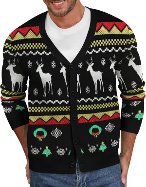 NITAGUT Mens Christmas Ugly Cardigan Sweater Reindeer Snowflake Xmas Sweater Casual Long Sleeve Knitwear