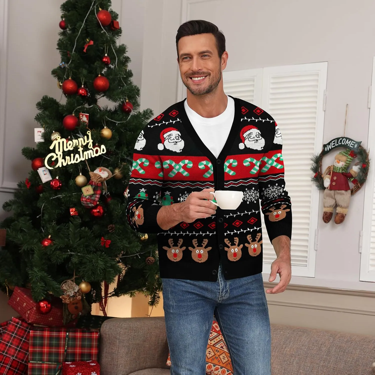 NITAGUT Mens Christmas Ugly Cardigan Sweater Reindeer Snowflake Xmas Sweater Casual Long Sleeve Knitwear