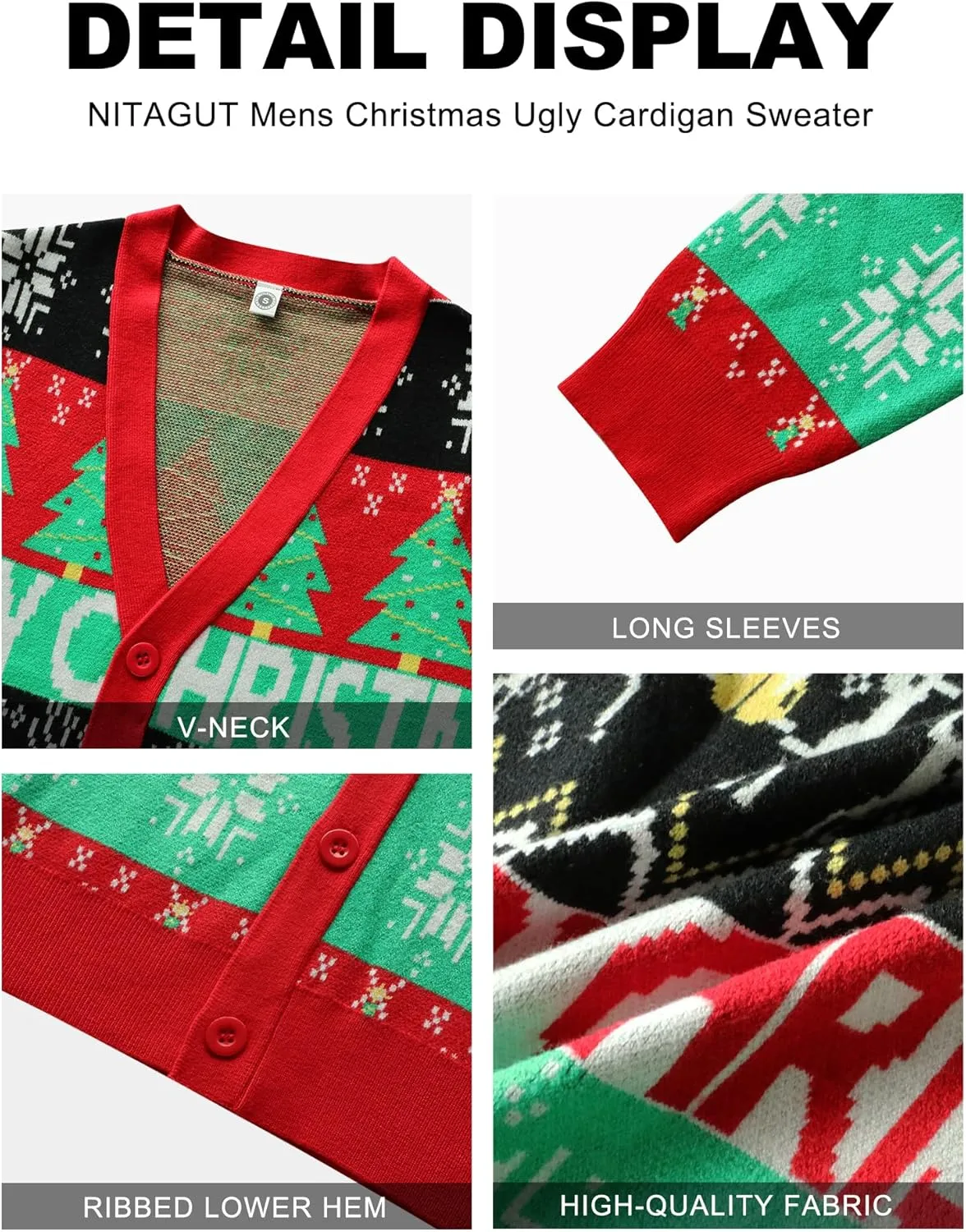 NITAGUT Mens Christmas Ugly Cardigan Sweater Reindeer Snowflake Xmas Sweater Casual Long Sleeve Knitwear