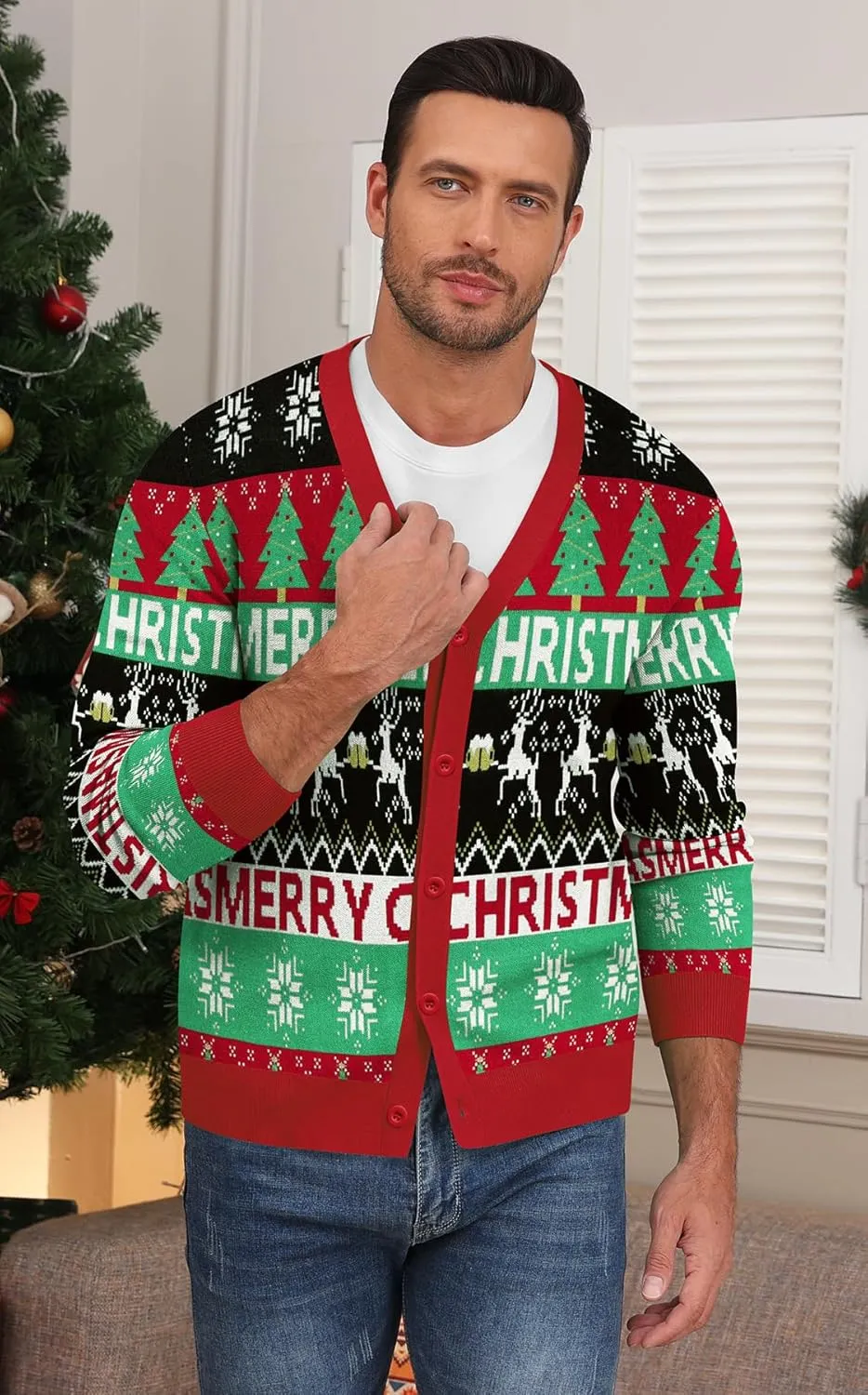 NITAGUT Mens Christmas Ugly Cardigan Sweater Reindeer Snowflake Xmas Sweater Casual Long Sleeve Knitwear