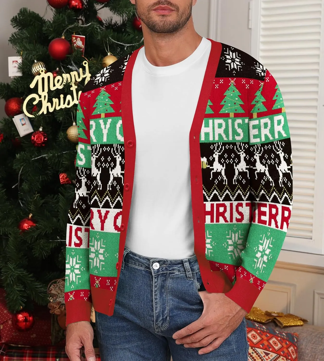 NITAGUT Mens Christmas Ugly Cardigan Sweater Reindeer Snowflake Xmas Sweater Casual Long Sleeve Knitwear