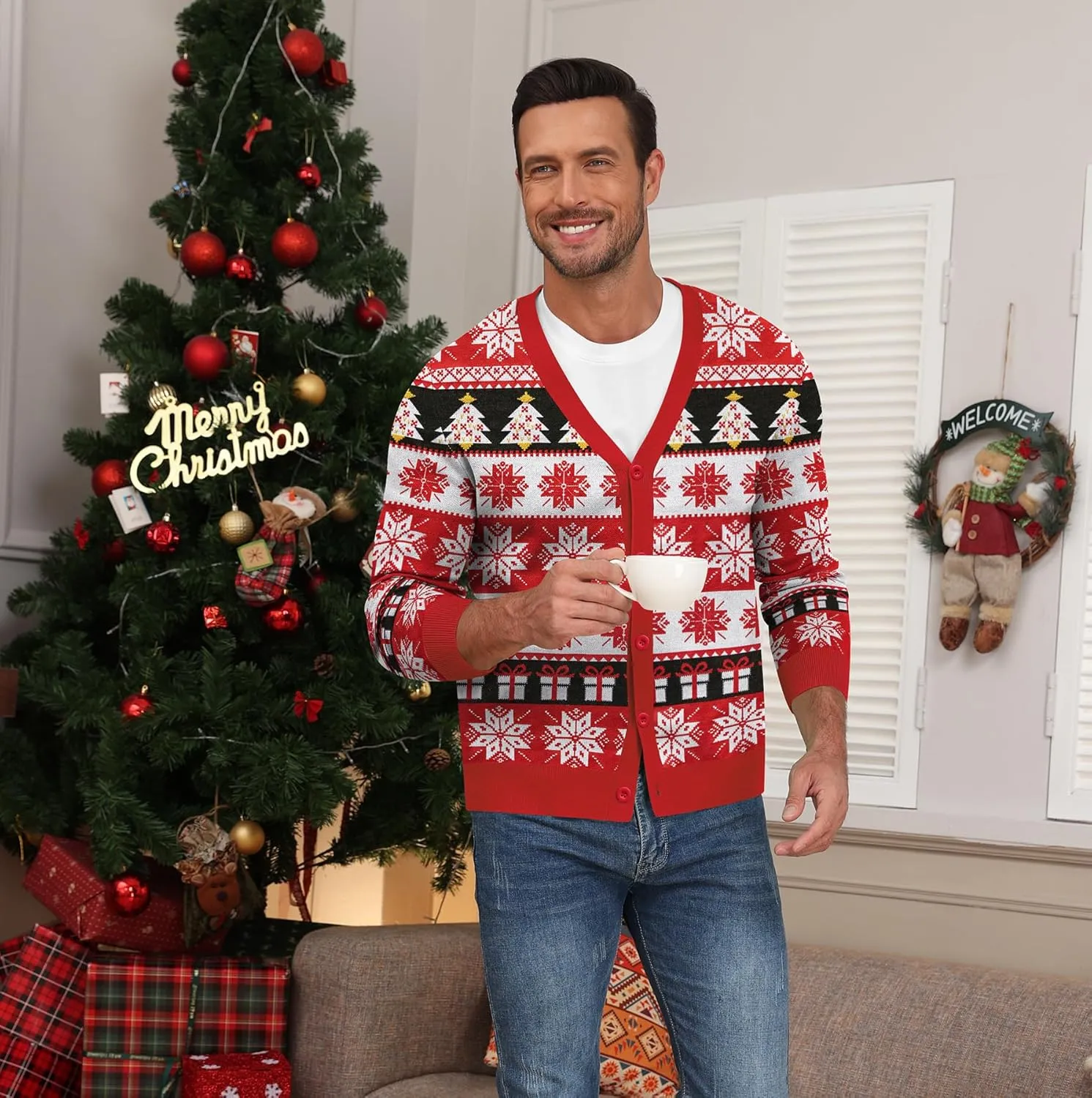 NITAGUT Mens Christmas Ugly Cardigan Sweater Reindeer Snowflake Xmas Sweater Casual Long Sleeve Knitwear