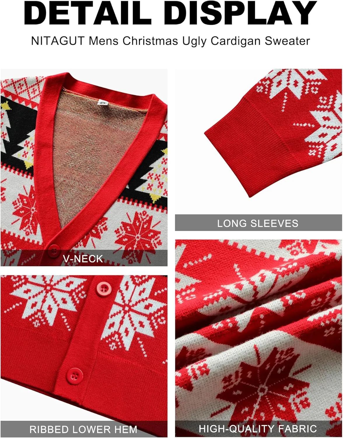 NITAGUT Mens Christmas Ugly Cardigan Sweater Reindeer Snowflake Xmas Sweater Casual Long Sleeve Knitwear