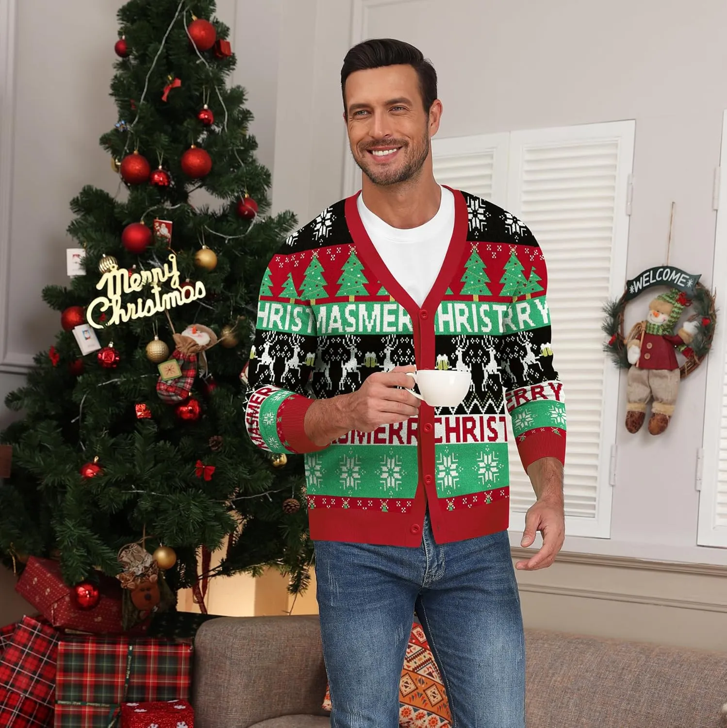 NITAGUT Mens Christmas Ugly Cardigan Sweater Reindeer Snowflake Xmas Sweater Casual Long Sleeve Knitwear