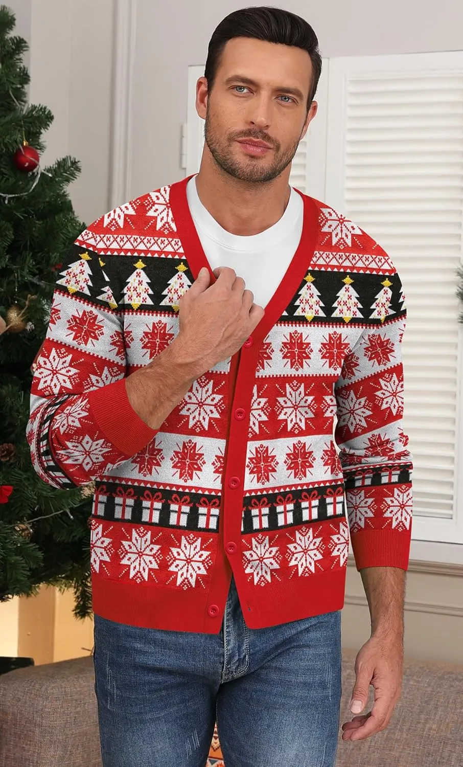 NITAGUT Mens Christmas Ugly Cardigan Sweater Reindeer Snowflake Xmas Sweater Casual Long Sleeve Knitwear