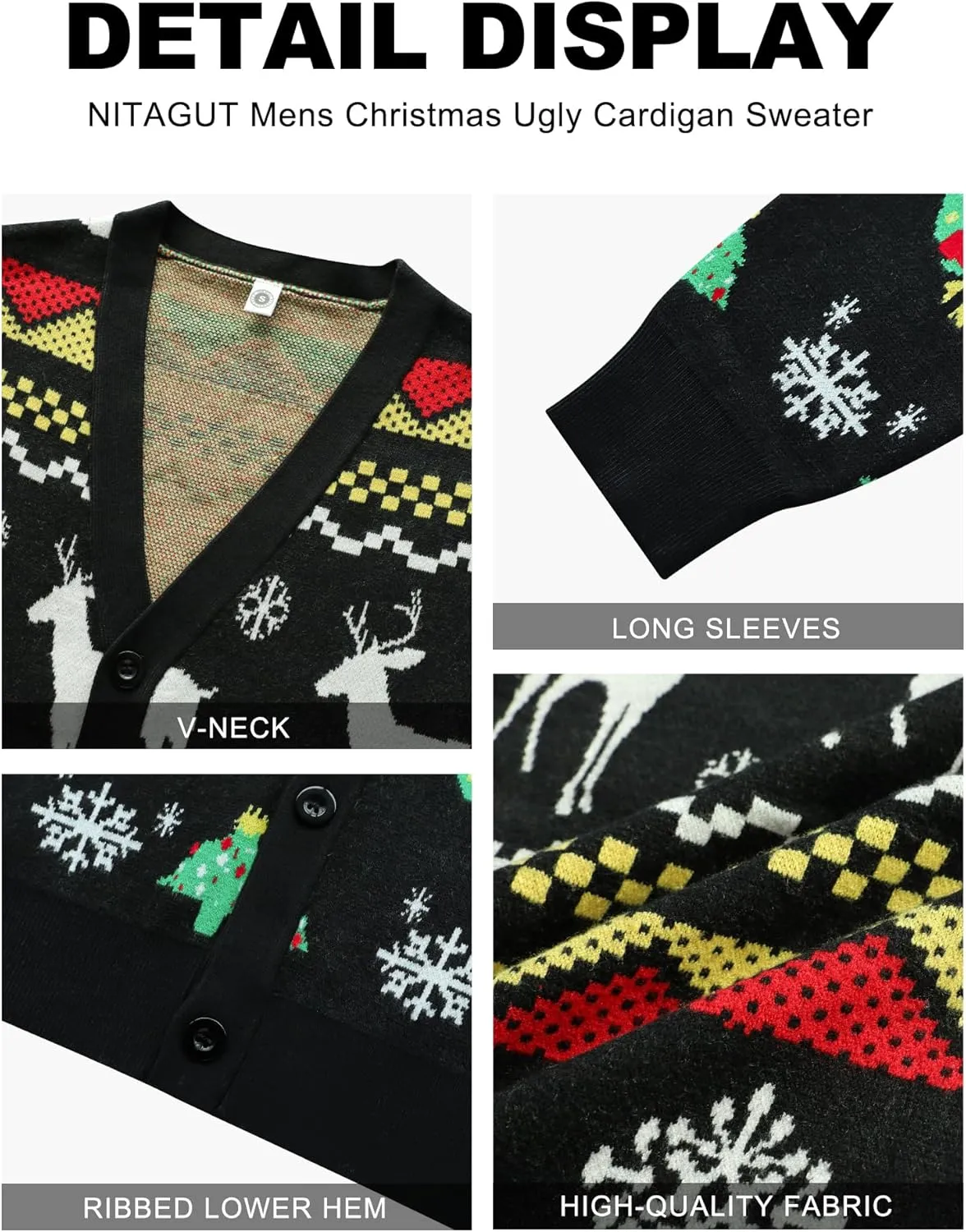 NITAGUT Mens Christmas Ugly Cardigan Sweater Reindeer Snowflake Xmas Sweater Casual Long Sleeve Knitwear