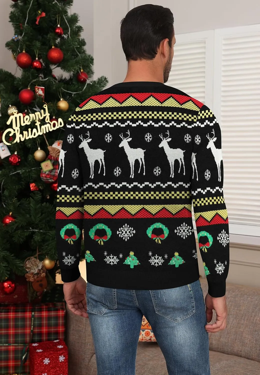 NITAGUT Mens Christmas Ugly Cardigan Sweater Reindeer Snowflake Xmas Sweater Casual Long Sleeve Knitwear