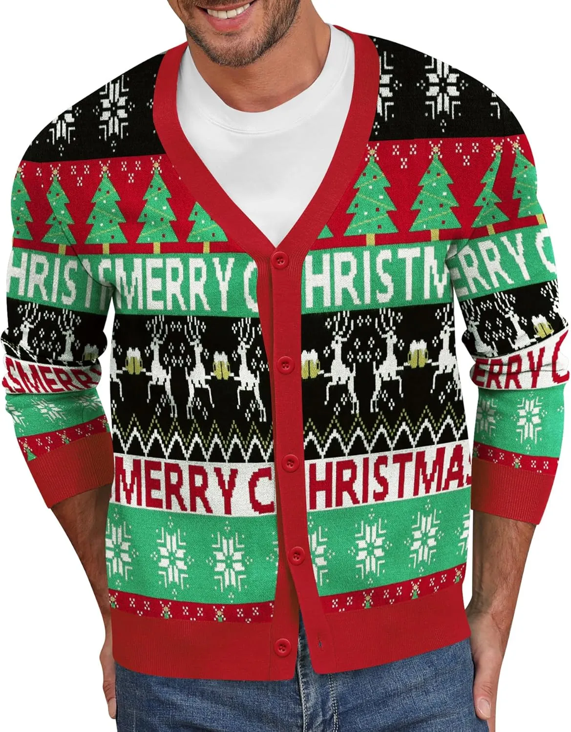 NITAGUT Mens Christmas Ugly Cardigan Sweater Reindeer Snowflake Xmas Sweater Casual Long Sleeve Knitwear