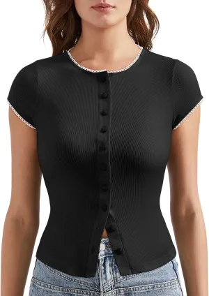 OMKAGI Women Button Down Ribbed Short Sleeve Shirts Fitted Knit Cropped Cardigan Sweaters