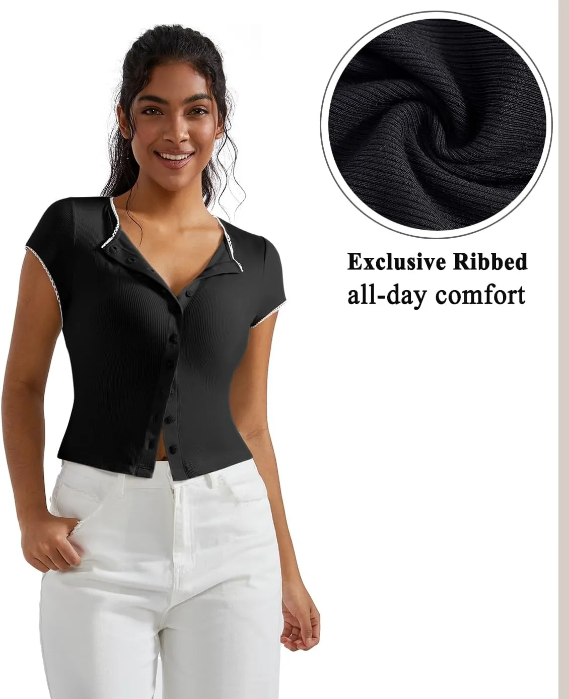 OMKAGI Women Button Down Ribbed Short Sleeve Shirts Fitted Knit Cropped Cardigan Sweaters
