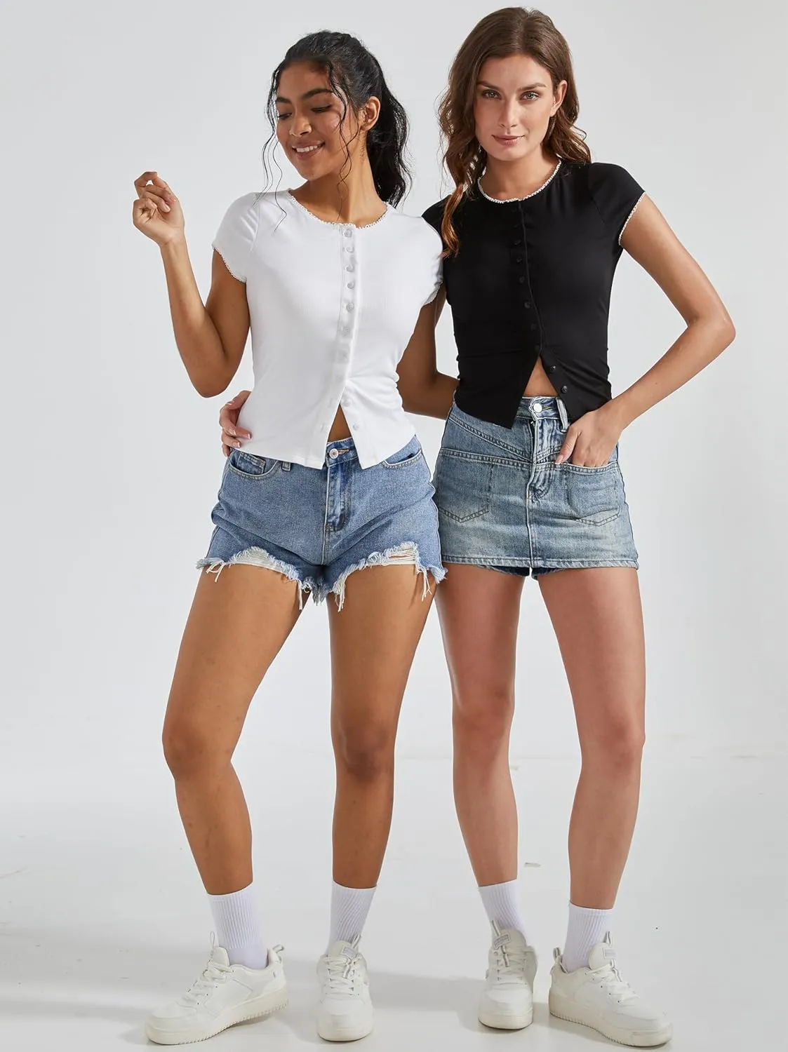 OMKAGI Women Button Down Ribbed Short Sleeve Shirts Fitted Knit Cropped Cardigan Sweaters